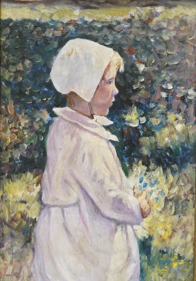 Impressionist style, Portrait of a young girl surrounded with flowers, oleograph on board, 39 x 27cm